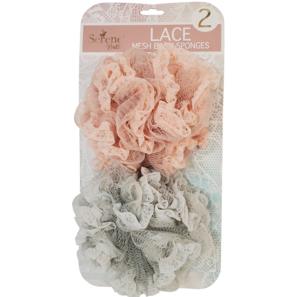 Serene Bath. Two Lace Mesh Bath Sponges. Exfoliate and Cleanses. 5" Diameter